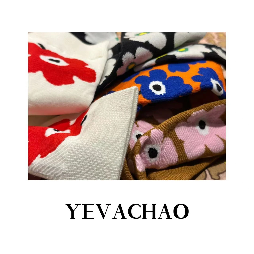 YEVACHAO“北欧订单”纯棉彩色艺术鸡蛋花朵中筒袜