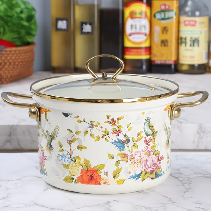22cm珐琅搪瓷双耳金边花鸟高直锅汤锅深型炖锅电磁炉燃气灶通用