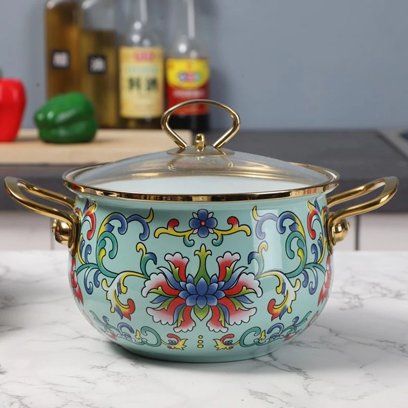 20cm珐琅搪瓷描金边绿钩莲汤锅加厚双耳炖锅煮锅电磁炉明火通用