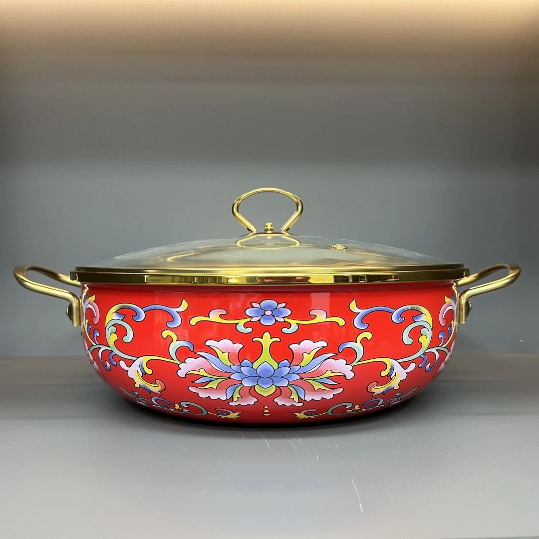 30cm珐琅搪瓷红钩莲海鲜锅玻璃盖火锅炖锅浅汤锅电磁炉明火通用