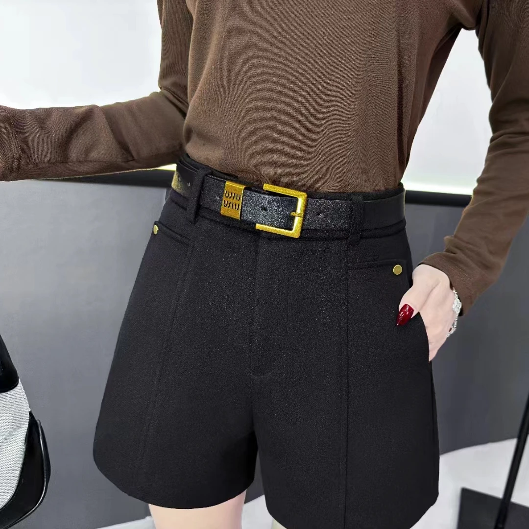 艾美日记韩版时尚百搭高腰阔腿裤2024秋冬新款通勤加厚呢子短裤