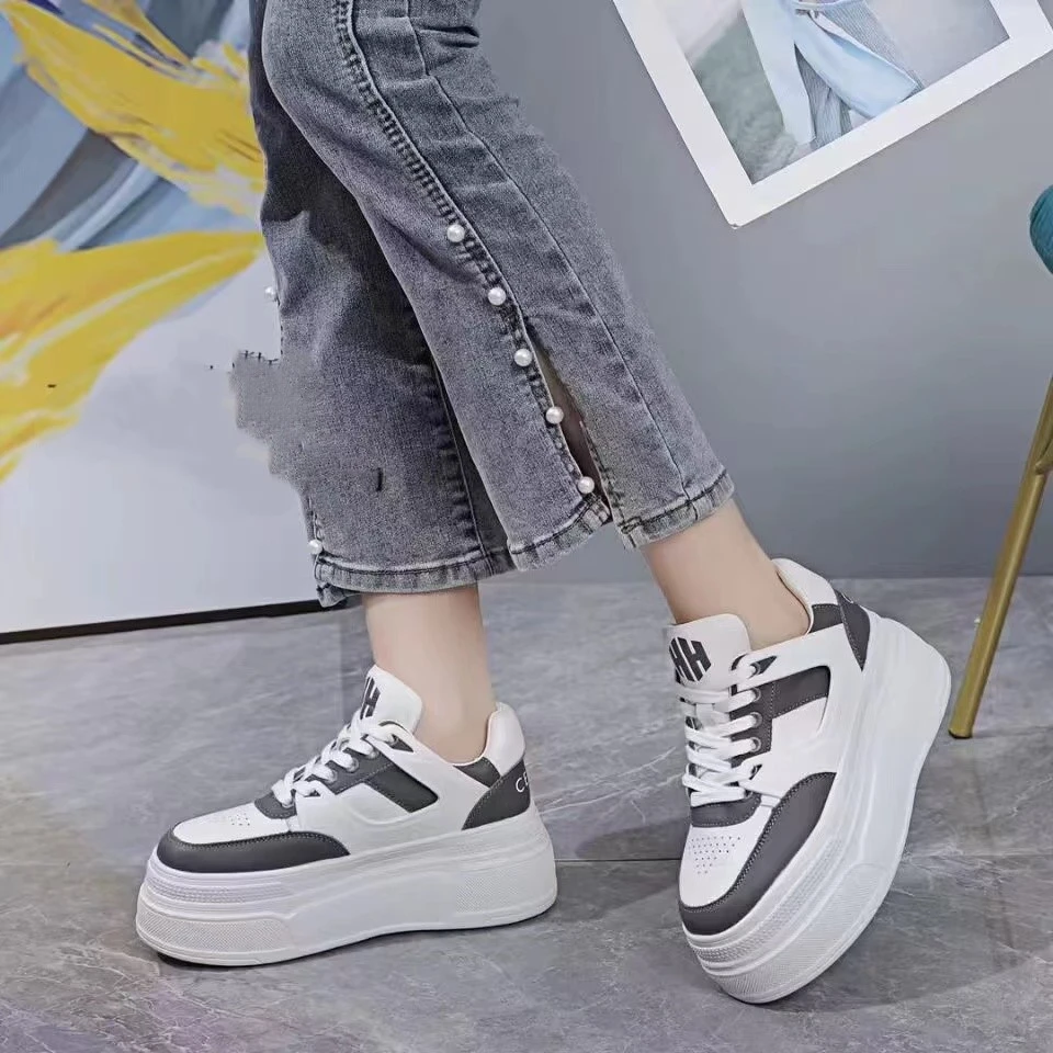 CL6523 白灰  高端时尚潮流厚底圆头系带休闲运动鞋女士板鞋