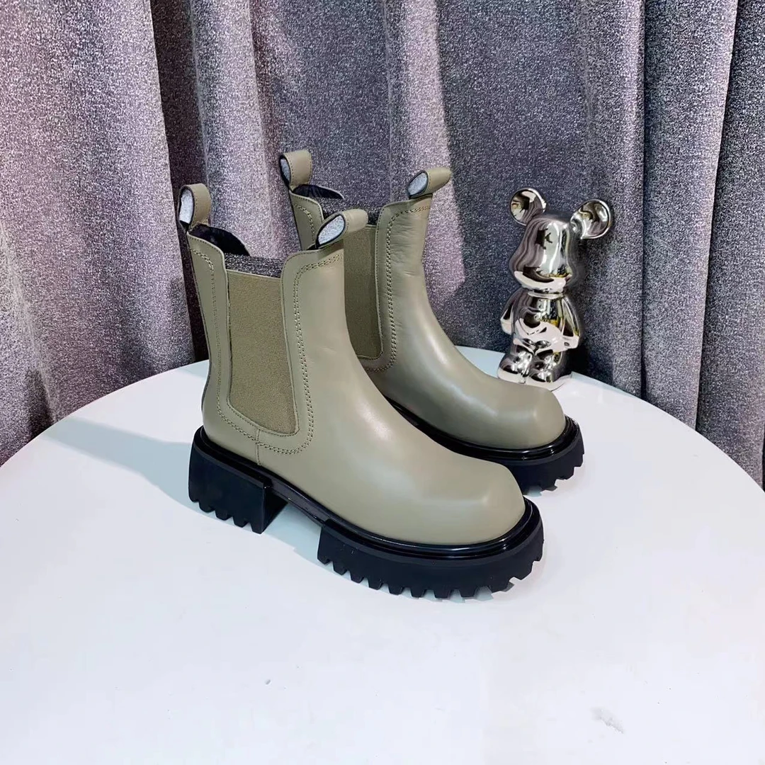 CL9399  绿色 秋冬高端厚底时尚女士圆头真皮中筒一脚蹬烟管靴