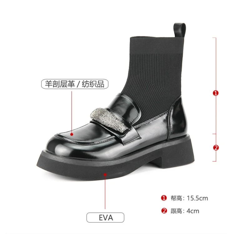 康奈女鞋2022冬季11228325真皮中粗跟羊漆皮厚底弹力靴口乐福短靴