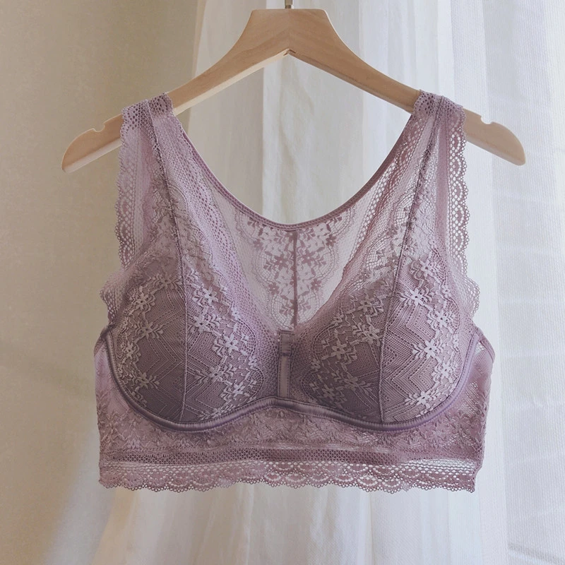 weiweisirou文胸薄款背心大胸显小聚拢收副乳性感蕾丝美背外扩