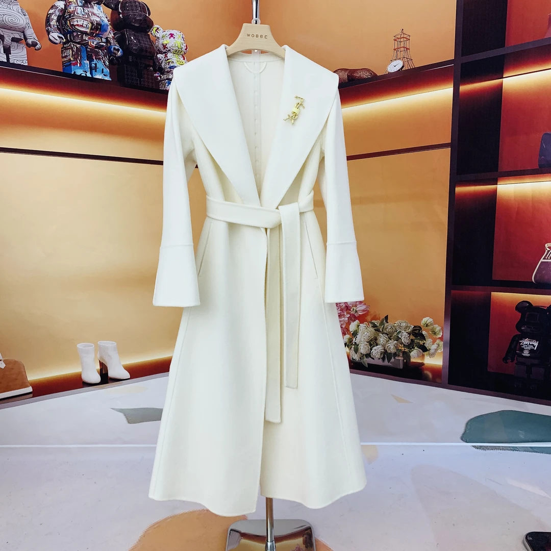 【费尔岛】秋冬高级感大衣100%纯羊毛大衣气质白色轻奢时尚百搭长款