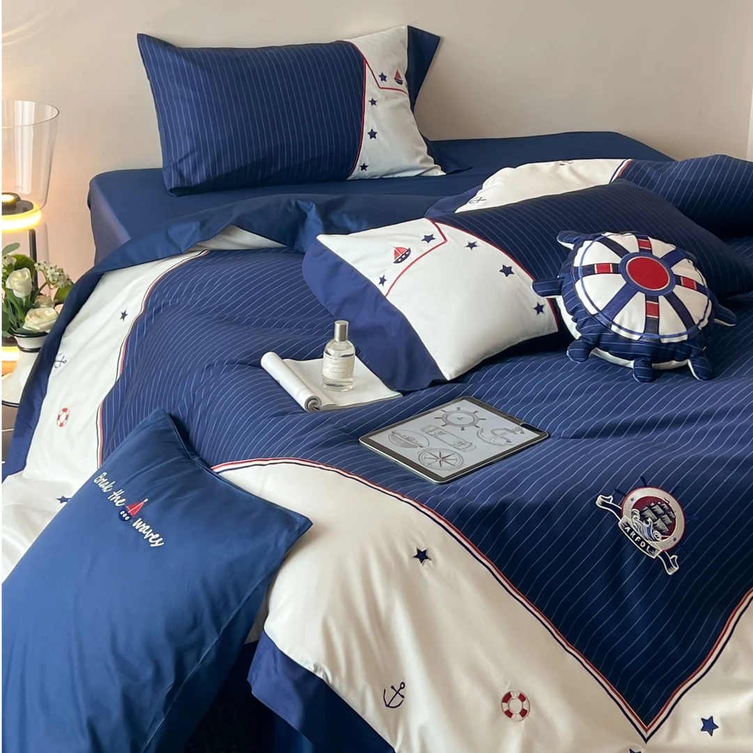 扬帆远航 / A类英伦风100S长绒棉四件套高精密刺绣被套男孩单人床