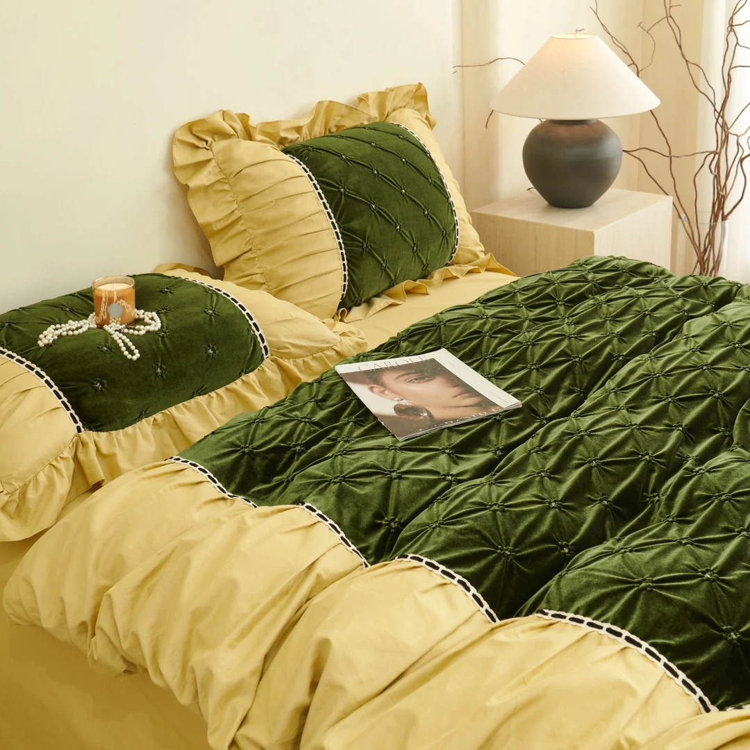 温顿庄园/法式复古金丝绒手工揪花全棉贡缎磨毛四件褶皱床上用品