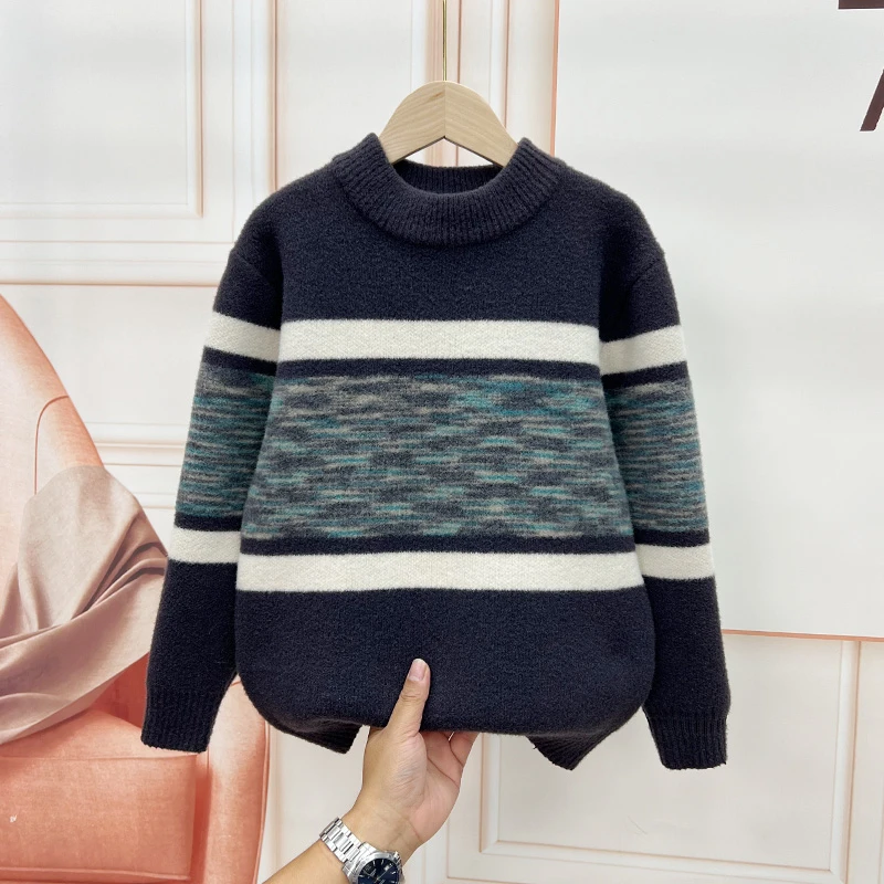 中大童儿童毛衣秋冬男童打底衫保暖加厚套头圆领条纹7-12岁毛线衣