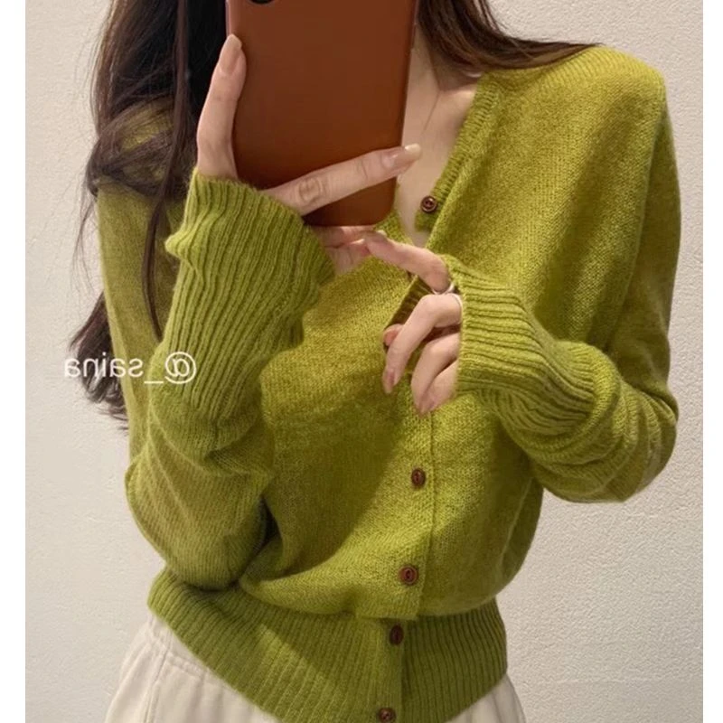 薄款清新春秋外搭针织开衫女上衣新款牛油果绿宽松百搭毛衣小外套