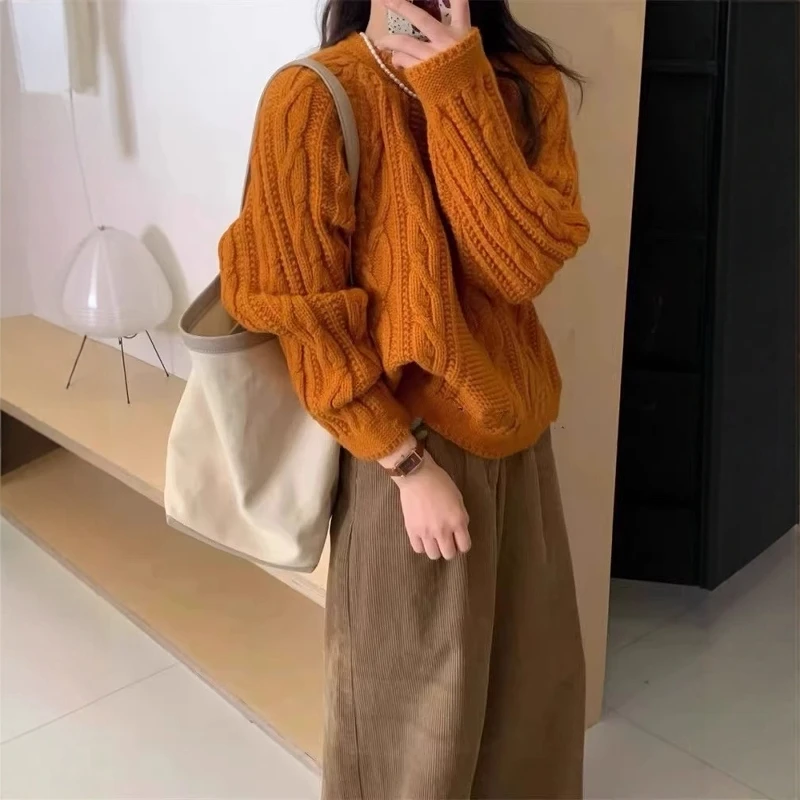 南瓜橘色麻花圆领毛衣女秋冬加厚慵懒风内搭针织衫高级感软糯上衣