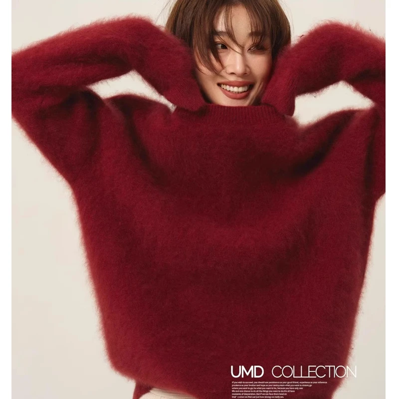 慵懒加厚软糯秋冬红色圆领毛衣女打底高级感内搭针织衫氛围感上衣