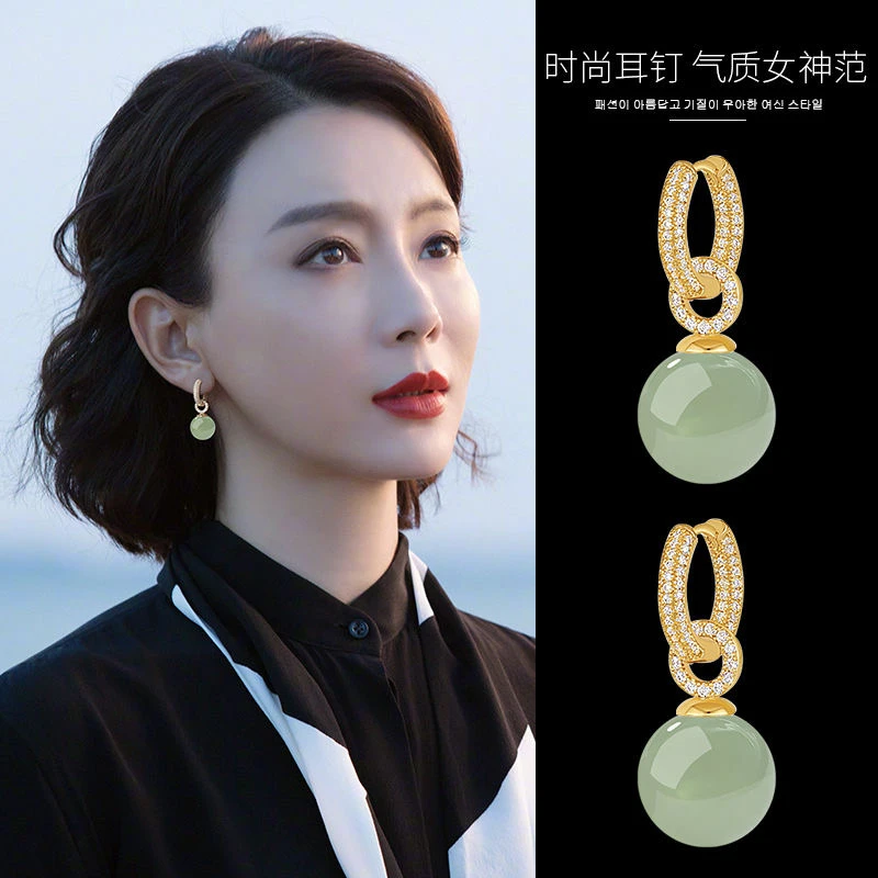 s925纯银东陵玉一款两戴耳环女金色耳扣轻奢高级感时尚百搭耳饰品