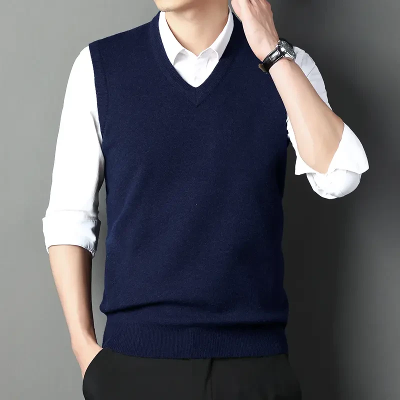 鄂尔多斯市产时尚正品羊毛衫背心男冬季加厚保暖休闲V领纯色毛衣