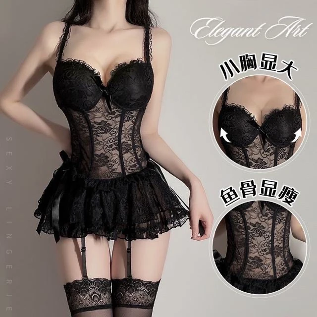 塑身显瘦聚拢性感蕾丝女士睡衣纯欲风镂空吊带睡裙鱼骨塑型睡衣