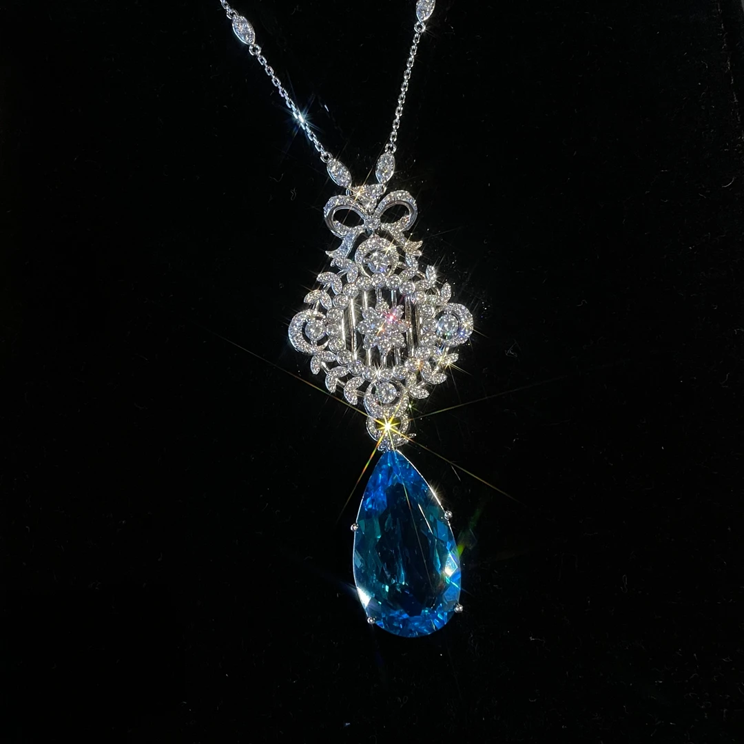 坠链均925银 【风琴】异域风情小众设计大克拉伦敦蓝满钻项链吊坠