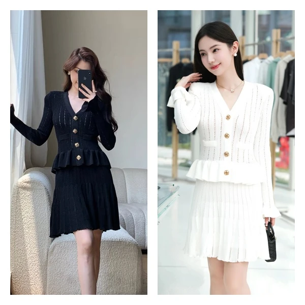 （珊珊家）原原单单早秋小香经典黑V领长袖镂空针织假两件连衣裙