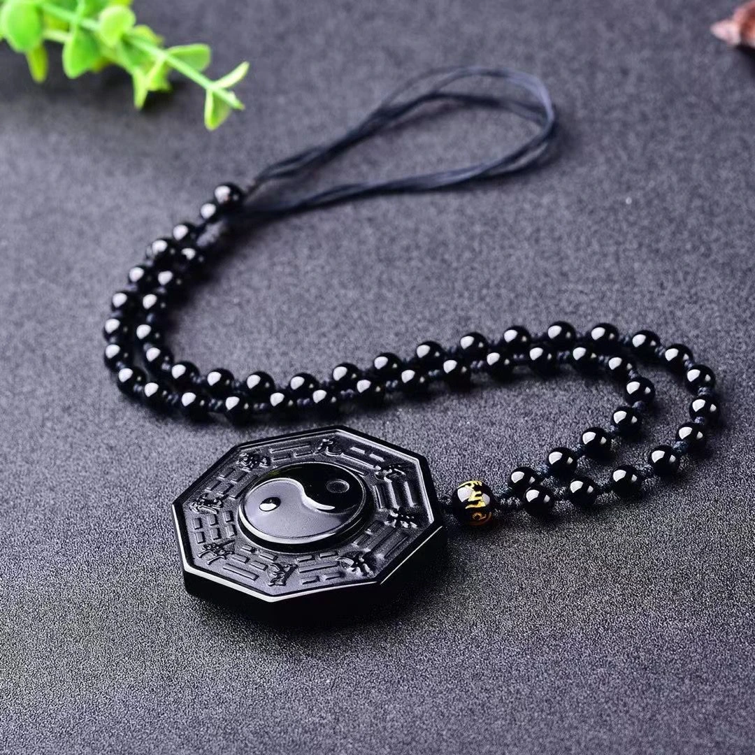 黑曜石专柜 天然乌金黑曜石八卦太极吊坠毛衣链项链黑色编绳珠珠
