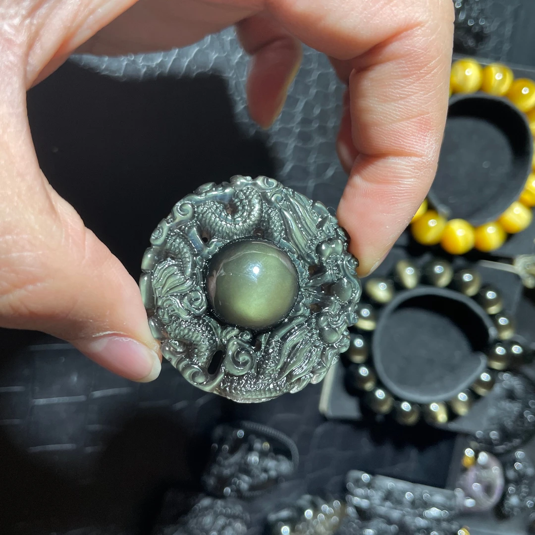 精选冰种老料冰彩黑曜石双龙护主双面雕刻吊坠复古镂空时尚项链挂