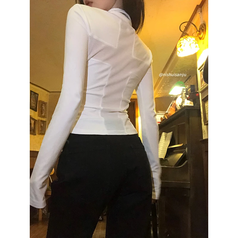 溺水三鱼 秋冬纯欲显瘦长袖修身打底上衣百搭秋季设计感白色T恤