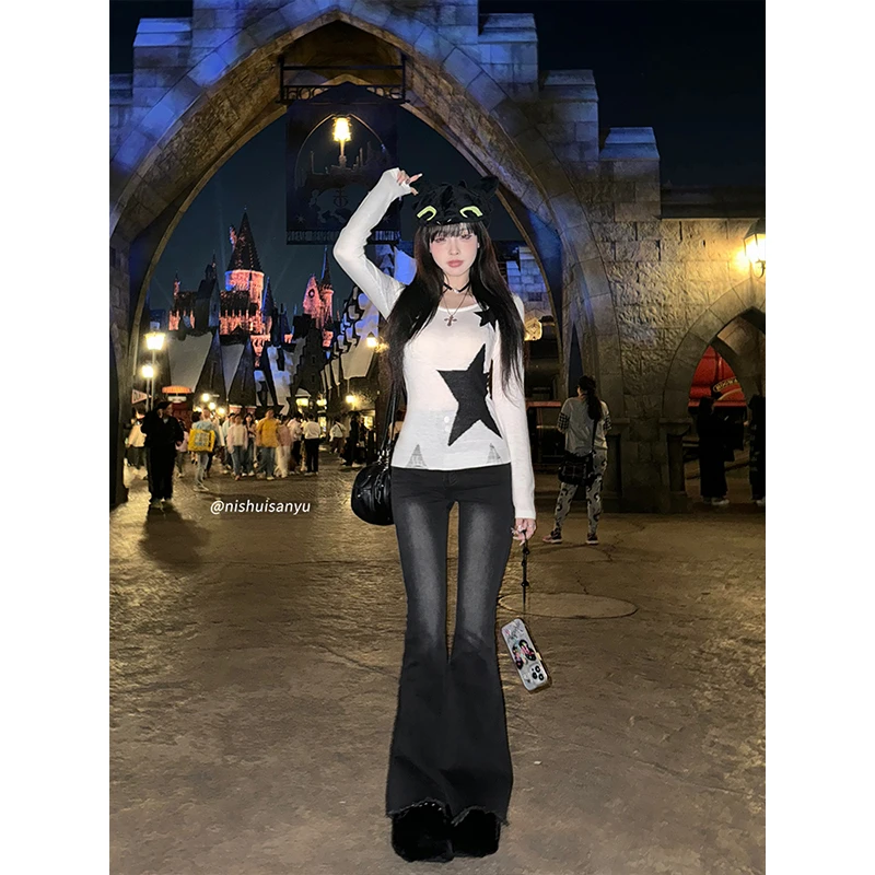 溺水三鱼【洛岛印章】复古毛边牛仔裤秋季高腰显瘦辣妹鱼尾喇叭裤