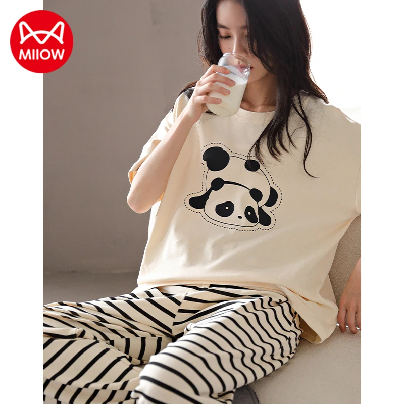 猫人睡衣女夏季纯棉薄款短袖长裤圆领家居服休闲宽松简约夏天套装
