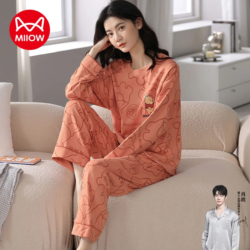 MIIOW/猫人春秋季睡衣女纯棉长袖可爱卡通秋冬天高颜值家居服套装