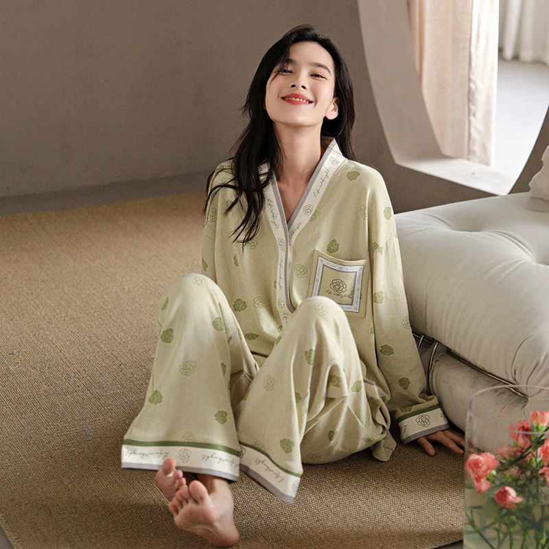 猫人睡衣女秋季100纯棉长袖开衫V领春秋冬清新款式高档家居服套装