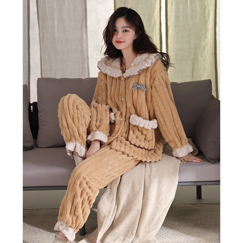 MiiOW/猫人法兰绒睡衣女款秋天冬季加厚珊瑚绒保暖套装加绒家居服