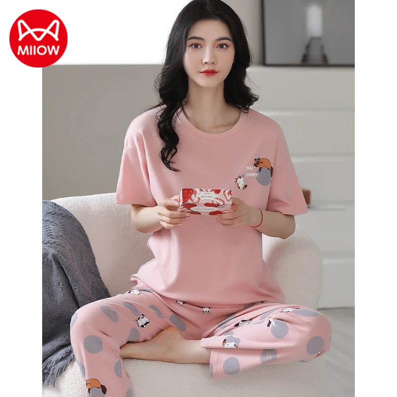 MIIOW/猫人睡衣女士夏天纯棉短袖长裤全棉夏天大码秋冬家居服套装