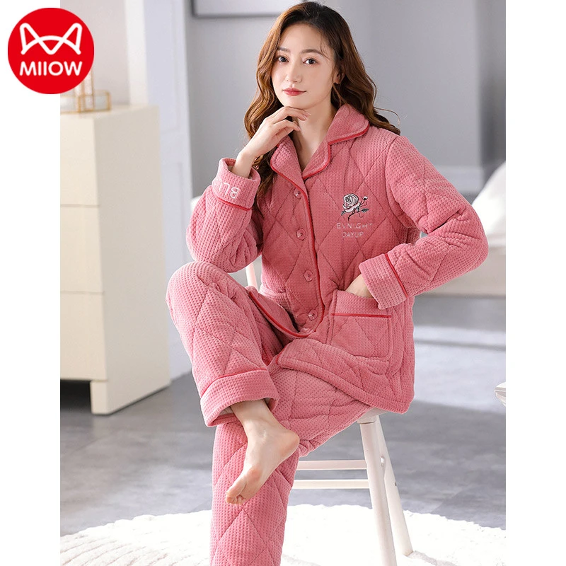 MiiOW/猫人睡衣女冬季珊瑚绒三层夹棉袄加厚加绒法兰绒保暖家居服