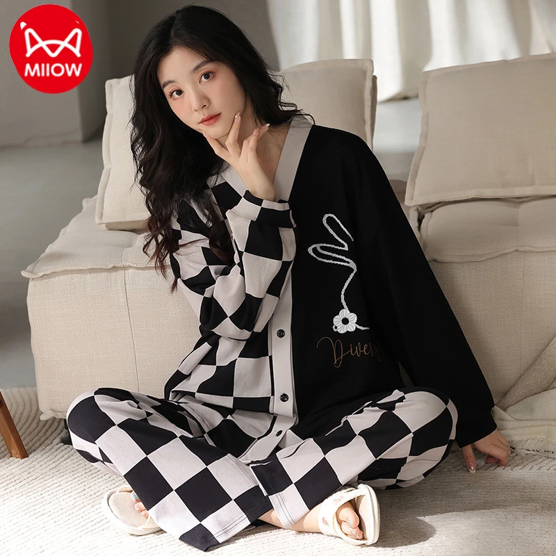 猫人个性睡衣女纯棉长袖春秋季开衫V领大码可外穿套装休闲家居服