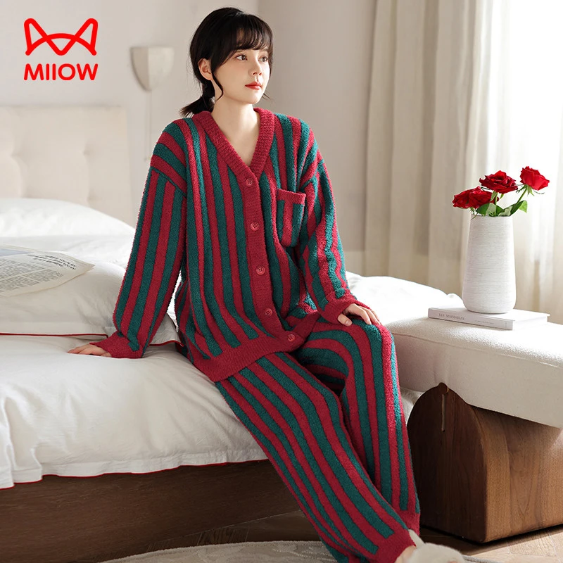 猫人睡衣女2025新款秋冬季半边绒套装加绒加厚保暖可外穿家居套装