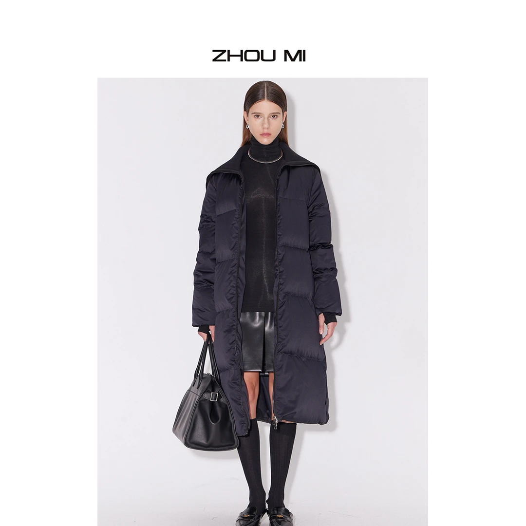 ZHOUMI量感白鸭绒翻领冬季长款羽绒服黑长羽绒服中长款保暖ZY2620