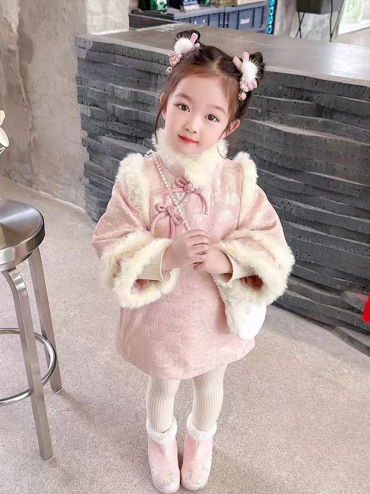 女小童冬季夹棉加厚汉服花朵旗袍裙2024新款女宝国风新年装年服裙