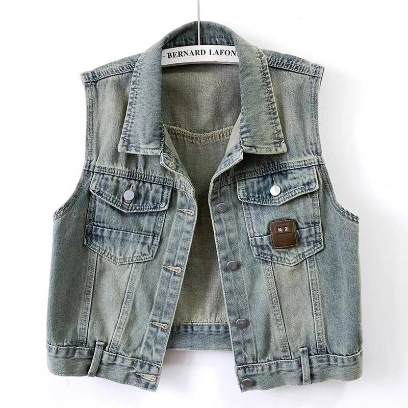 美式复古水洗短款牛仔马甲女春秋2024新款百搭坎肩背心无袖工装女