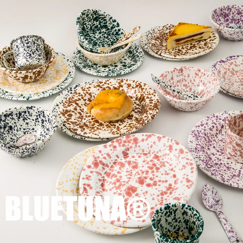 ins韩国博主同款泼墨搪瓷餐具彩色墨点西餐餐盘甜品碗马克杯勺子