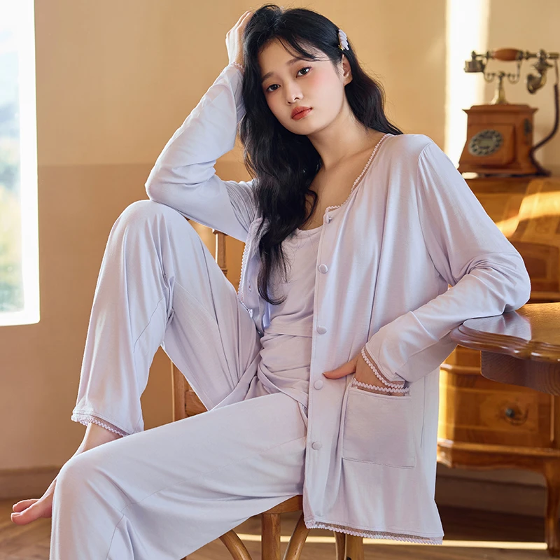 月子服莫代尔三件套夏产后带胸垫哺乳家居服怀孕春秋孕妇睡衣3235