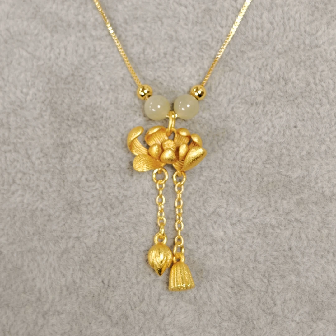 【袁总新年款】足金999金珠和田玉两世欢荷花吊坠 带证书送礼盒