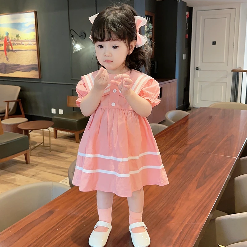Q456女童连衣裙夏季洋气夏装裙子时髦中小童装学院风公主裙娃娃领