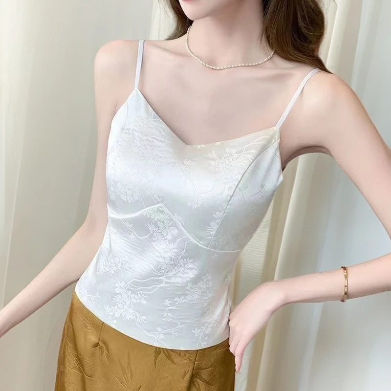 大码胖MM夏季吊带背心女中式国风白色薄垫气质修身内搭上衣百搭短