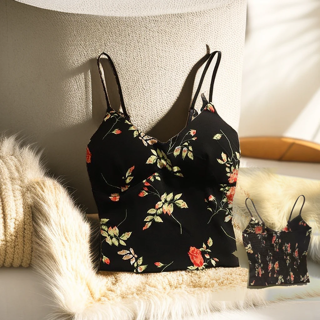 甜酷辣妹女背心打底碎花吊带背心带胸垫显瘦时尚小胸修身上衣美背