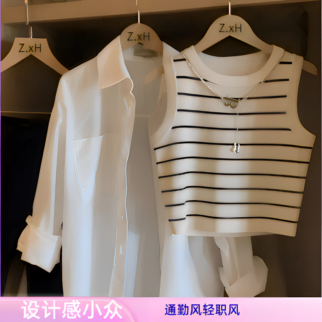 夏季辣妹冰丝针织短款条纹背心女外穿无袖上衣内搭链条设计感小众