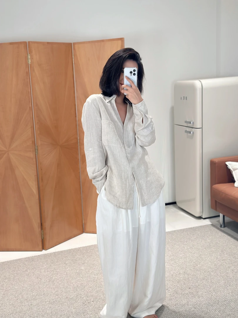 V领亚麻衬衫气质休闲简约