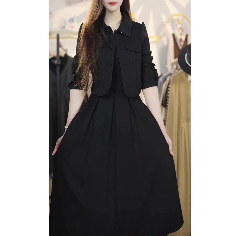 M178收腰黑色中长款大码时尚气质法式连衣裙遮字气质显瘦连衣裙