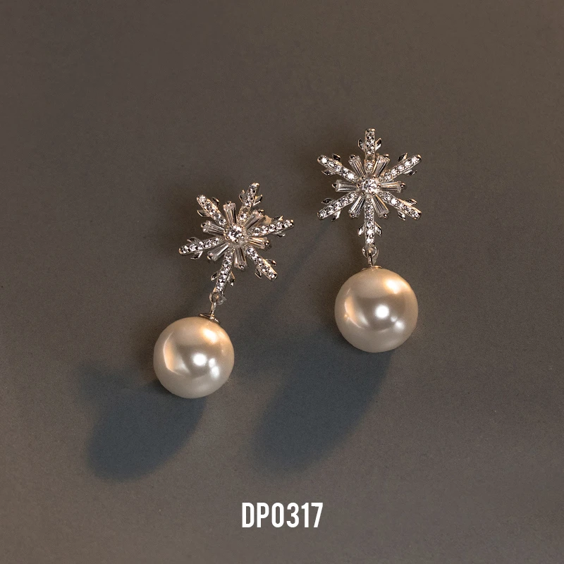 925银耳饰 0317-轻奢法式精致镶钻雪花珠珠耳钉耳饰品