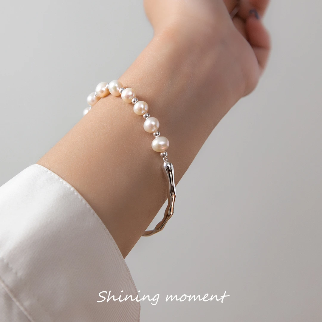 诗为 925银手链 半镯半链珠珠手链简约树枝波浪手饰品GP00917