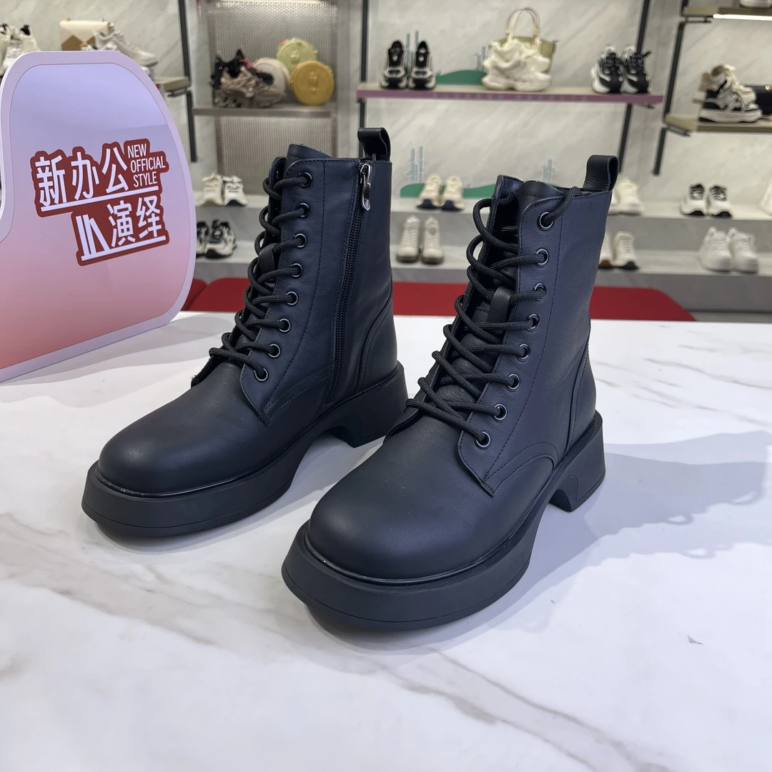 意尔康时装女靴真皮马丁靴女英伦风短靴冬季加绒保暖棉靴子037933