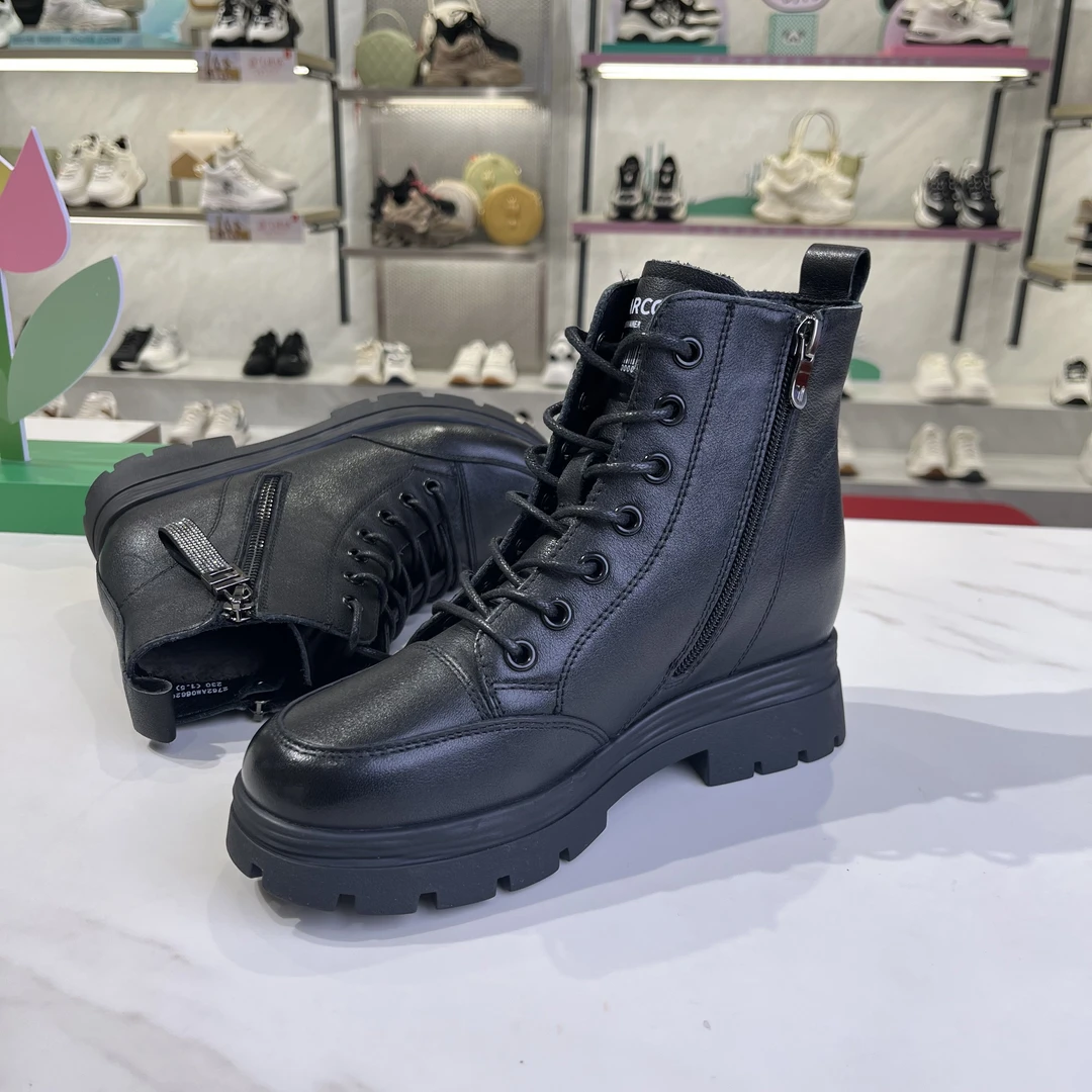 意尔康女鞋真皮马丁靴女内增高靴短靴女冬季加绒保暖女棉靴066263