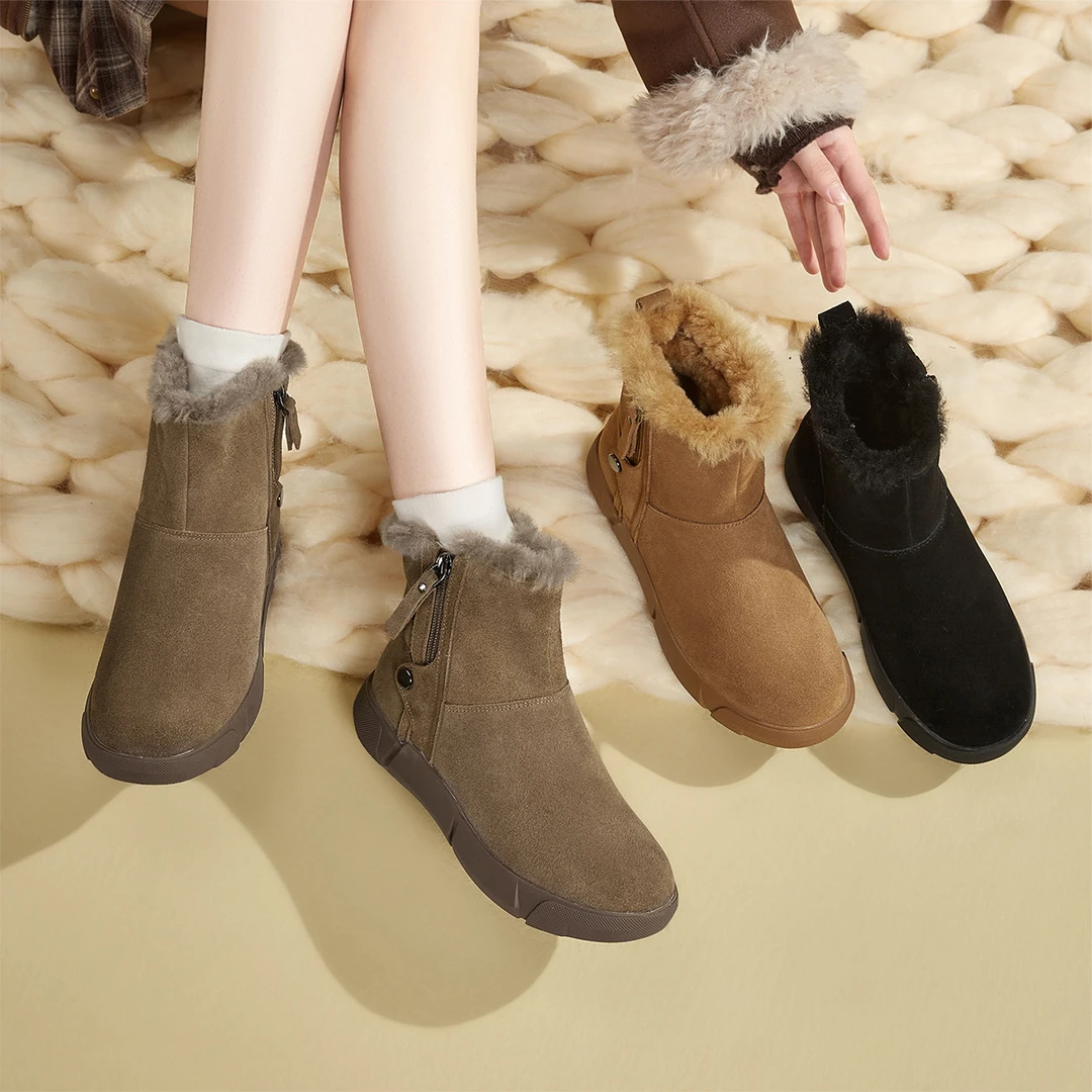 意尔康冬季新款户外加绒防滑保暖休闲时尚毛绒短靴26328W